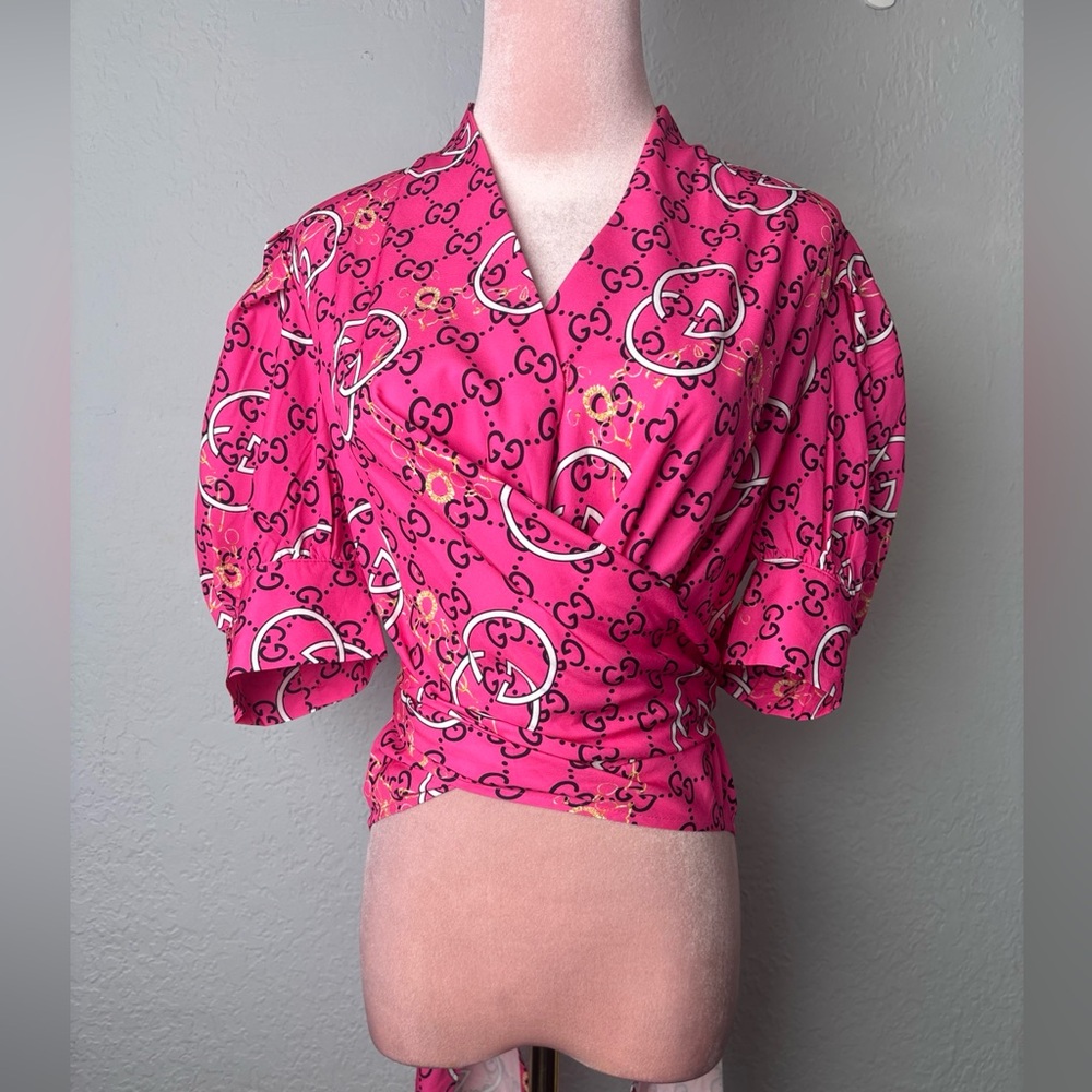 SO Pink Puff Sleeve Wrap Blouse‎
